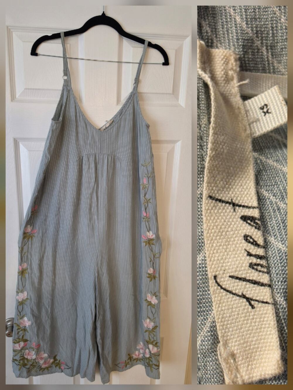 Anthropologie Floreat Lily blue striped floral embroidered boho jumpsuit Sz XS